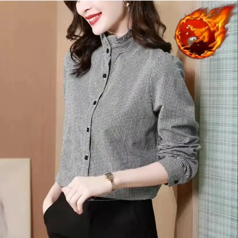 Office Lady Fashion Ruffles Stand Collar Blouse Female Autumn and Winter Commute Casual Striped Button Shirt Women\'s Clothing