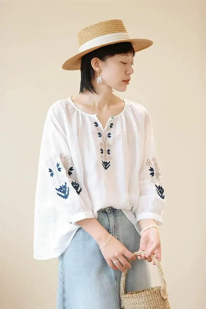

Embroidery Soft Lightweight Cotton White Blouses Shirts for Women 2025 Fashion 3/4 Long Sleeve Casual Top Summer Blouse