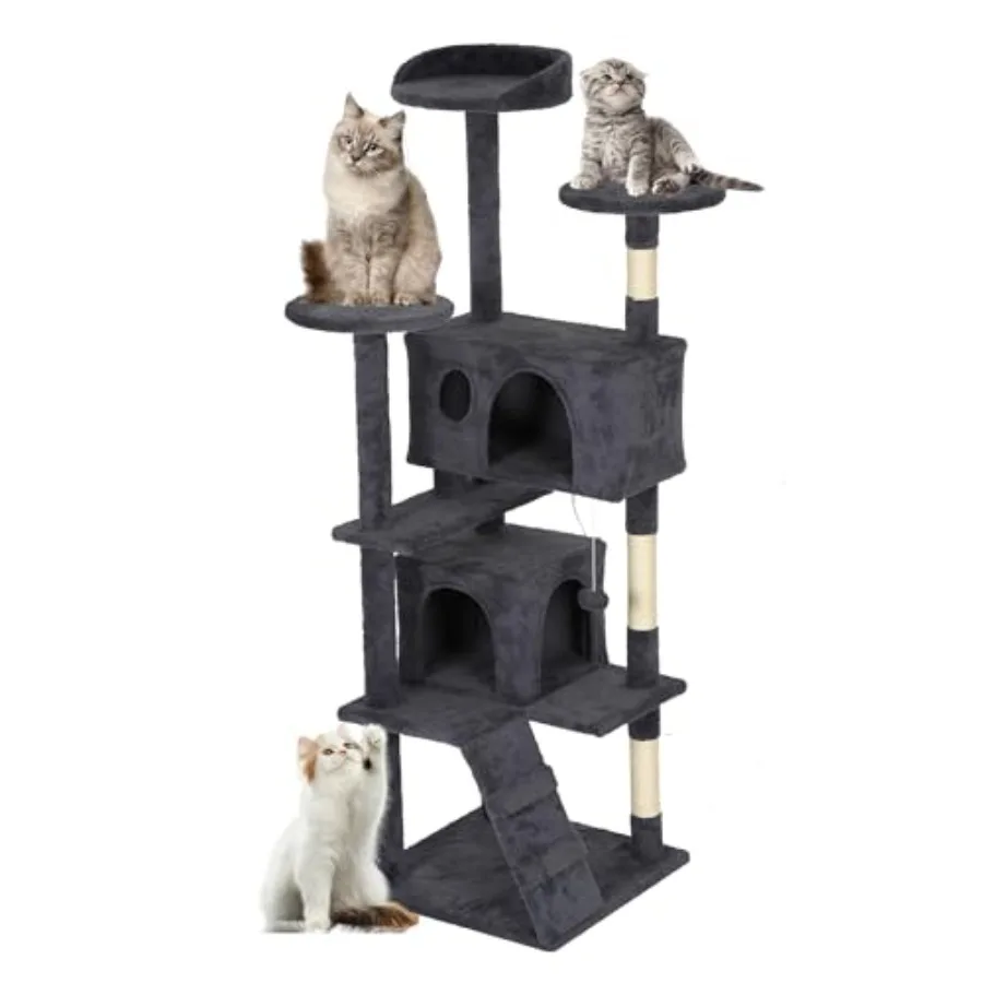 

62" Cat Tree Tower Dark Gray Multi-Level Indoor Activity Center with Sisal Scratching Posts Condos Plush Perches Hanging Cat To