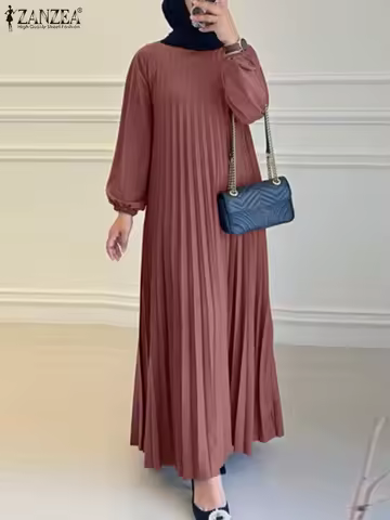 ZANZEA Patchwork Lantern Sleeve Abaya Robes Women Plisse Layered Elegant Maxi Dress Muslim Fashion Islamic Hijab Pleated Dress - AliExpress 