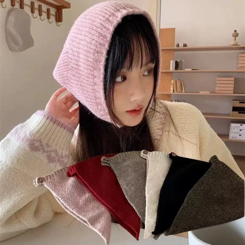 

Autumn Winter Korean Cute Button Headband Knitted Triangle Scarf Taking Photos Creating Atmosphere Keeping Warm Protection Hat