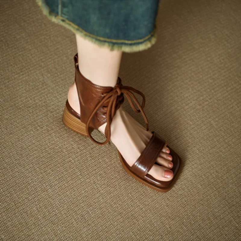 

Vintage One-Piece Strap Women's Sandals High Heel Summer Shoes Breathable Genuine Leather Women's Pumps