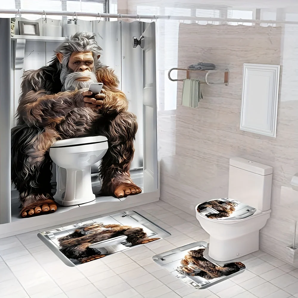 

Забавный и очаровательный набор для ванной комнаты Bigfoot Simpanzee — водонепроницаемая занавеска, крышка унитаза, коврик для ванной и контурный коврик