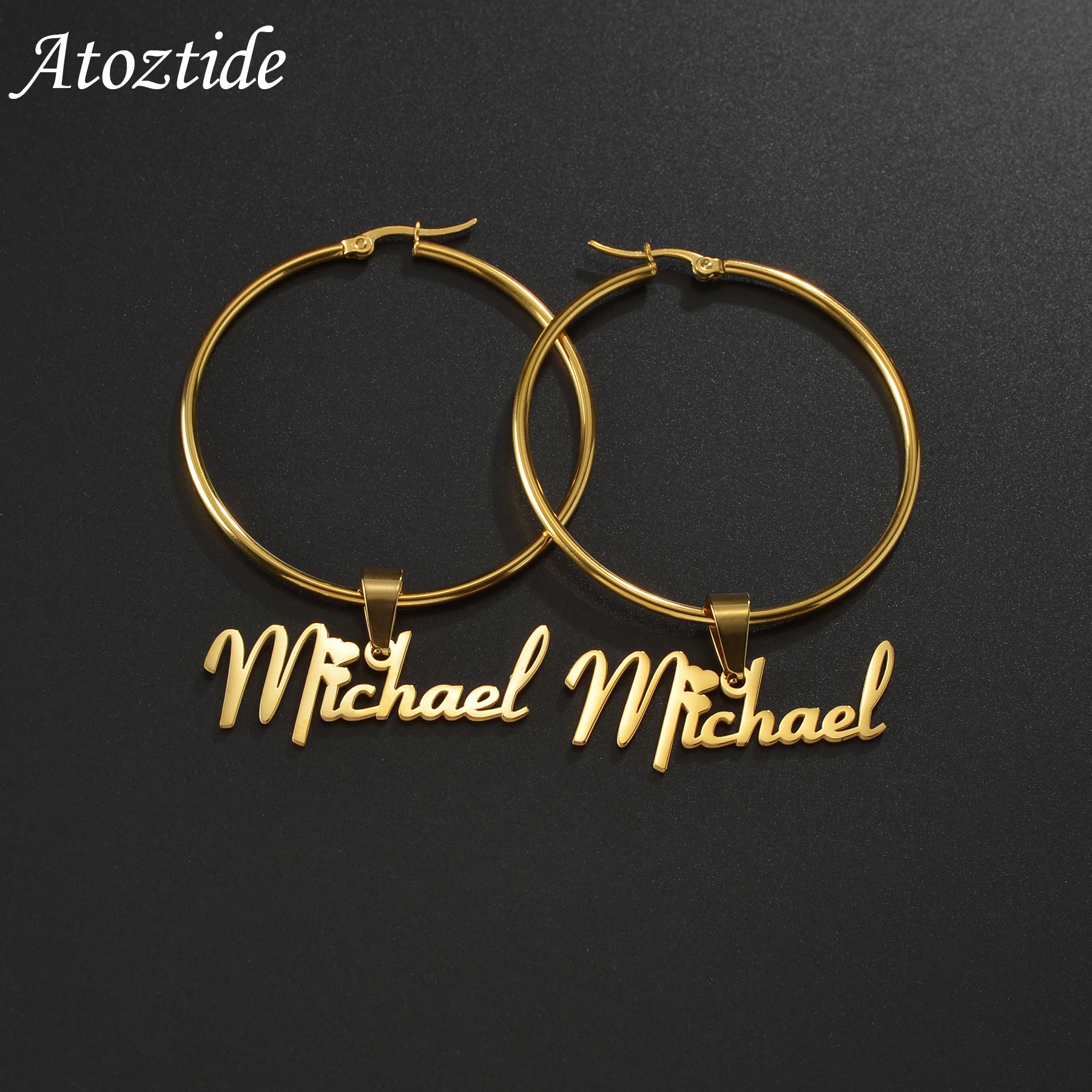 

Atoztide New Custom Name Hoop Earrings Personalized Gold Color Stainless Steel Circle for Women Letter Nameplate Earring Jewelry