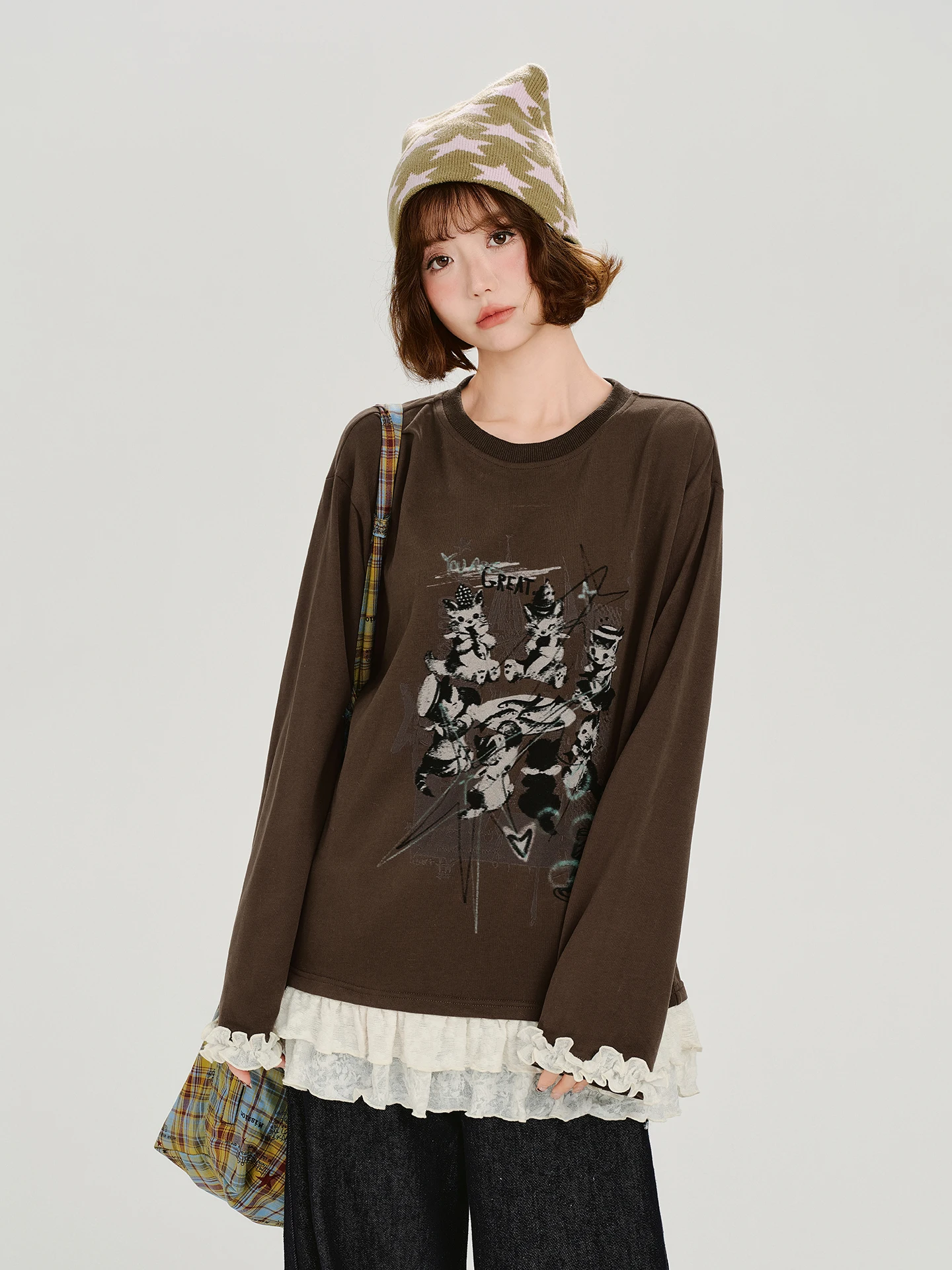 

Girly American Retro Ruffle Trim Splice Print Long Sve T-irt Women Loose Top Design Sensation Autumn New Sle Casua...