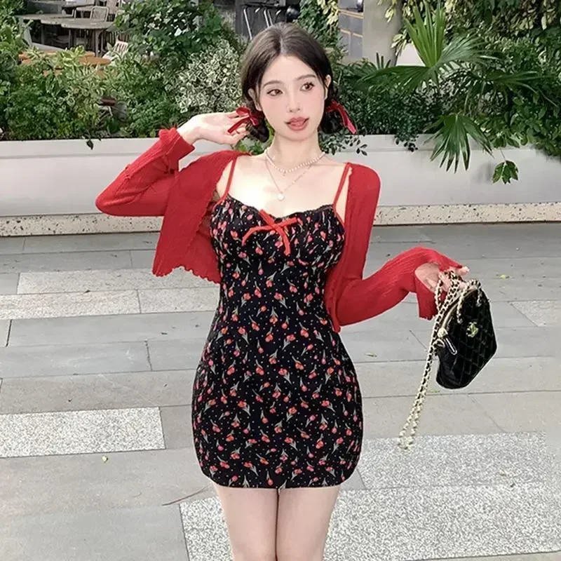

Retro Sweet Girl Bow Flower Slip Dress Set Wrap Hip Slim Short Dress Sunscreen Cardigan Top Summer Two Piece Set Women Outfits