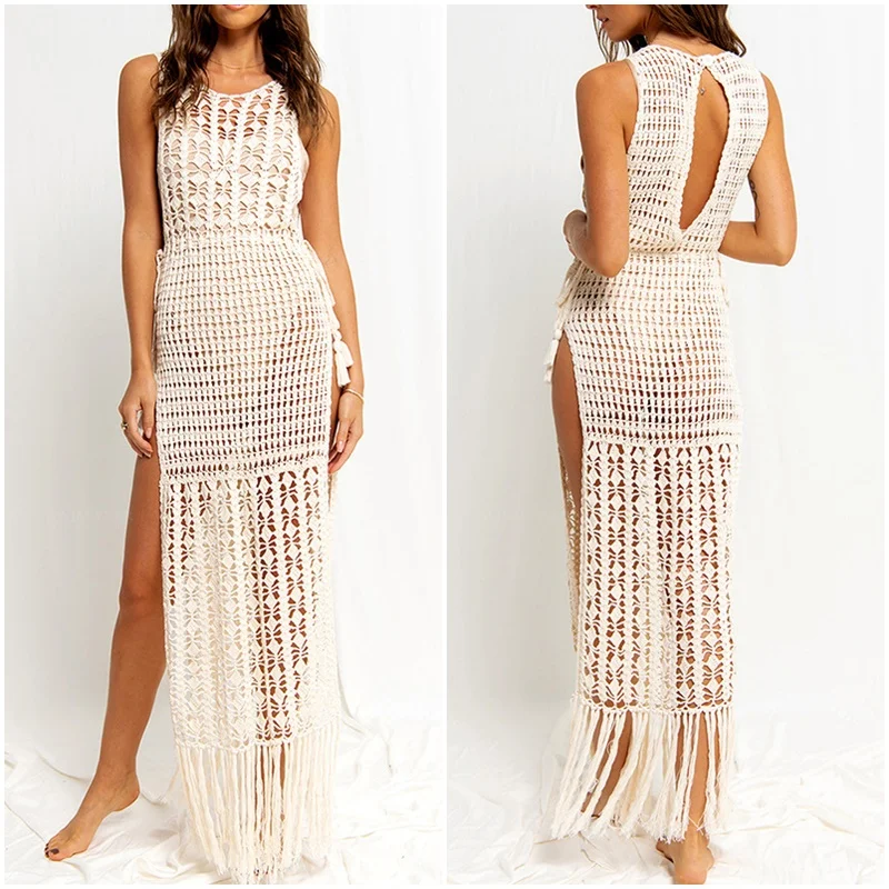 Sexy Hollow Out Knit Crochet Dress Long 2023 Cover-Ups Holiday Bikni Boho Beach  Wear