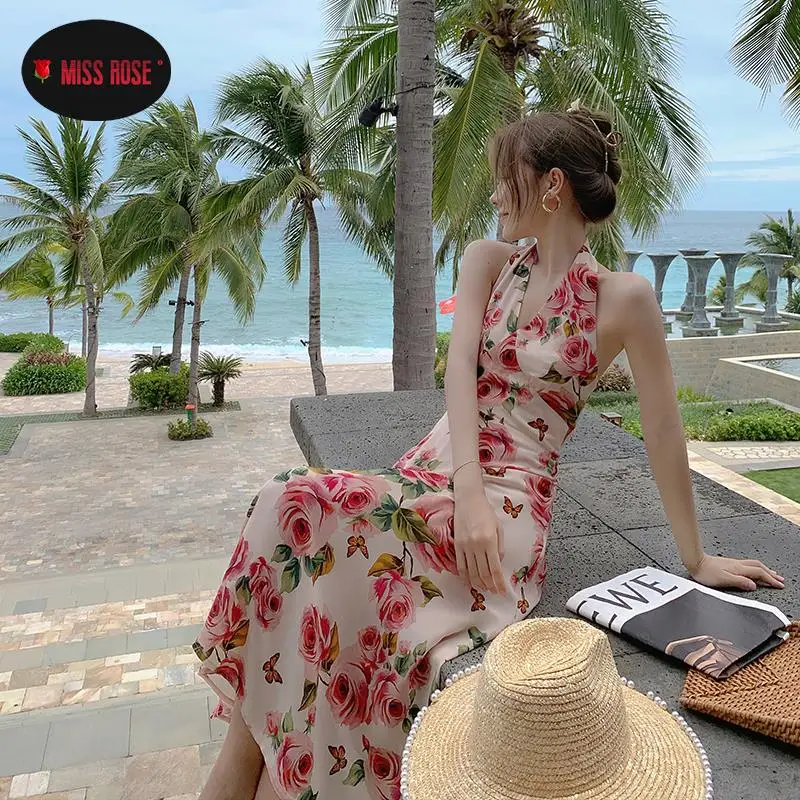 Halter Neck Sweet Rose Pring Umbrella Dress Women Beach Holiday Open Back Backless Dresses Bohemian Chiffon Korea Style Vestidos