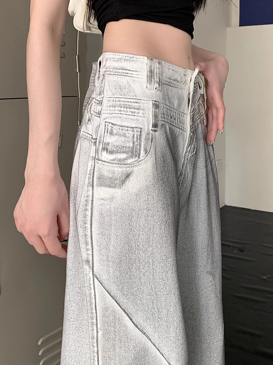 REDDACHiC Retro Gray Dirty Wash Baggy Jeans Women Plus Size Pintuck Distressed High Waist Wide Leg Denim Pants Y2k Streetwear