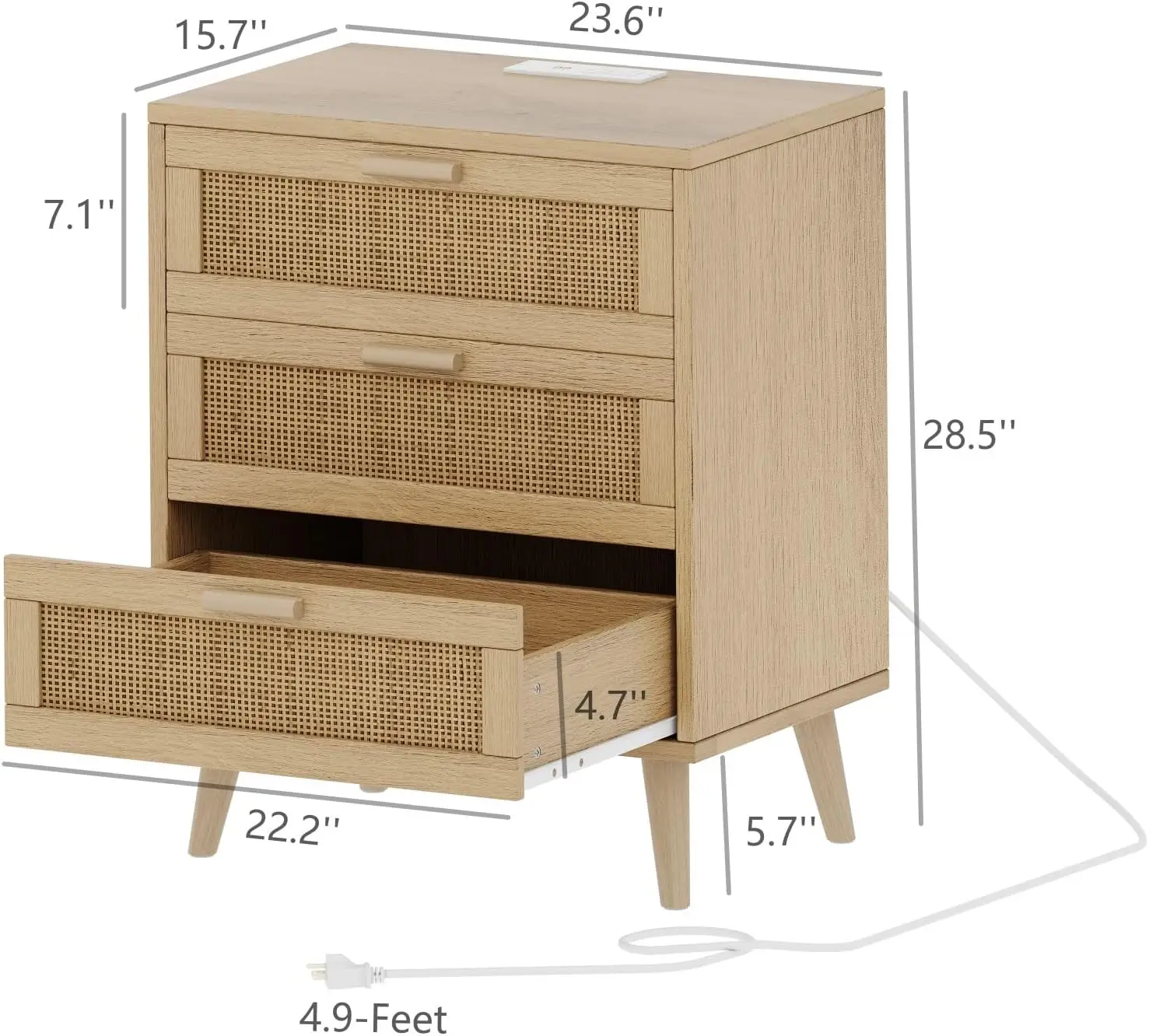 Irontar Rattan Nightstand Set of 2, Farmhouse Night Stand with Charging Station & Rattan Decorated Drawers, Accent End Table, Be