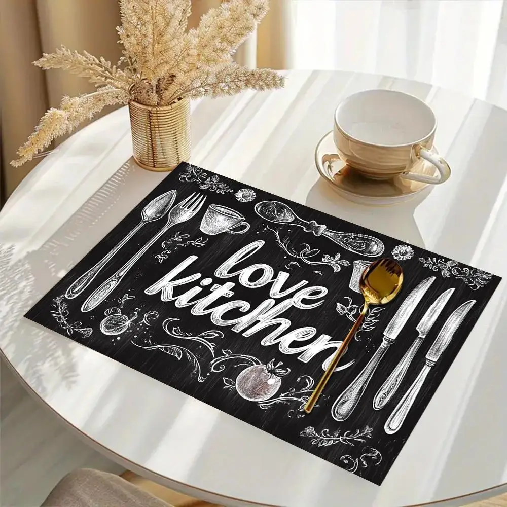 VIKAMA Kitchen Quote Black White Square Placemat Non Slip Waterproof Heat Resistant Dining Table Mat for Holiday Party Decor
