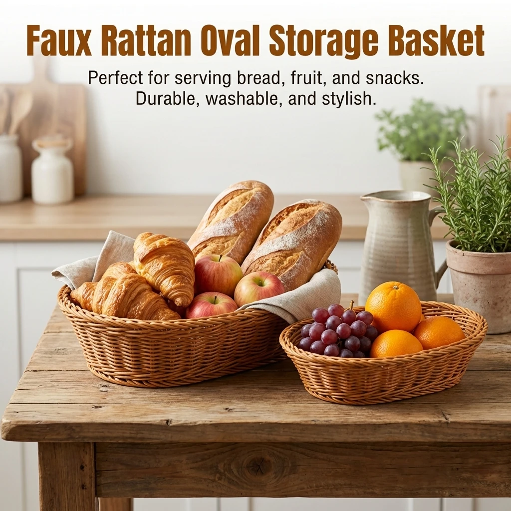 Aufbewahrungskorb aus Korbgeflecht, Kunst-Rattan, Organizer für Brot, Obst und Gemüse, braun, geflochtene Aufbewahrungsbox für Küche, Bäckerei und Esszimmer