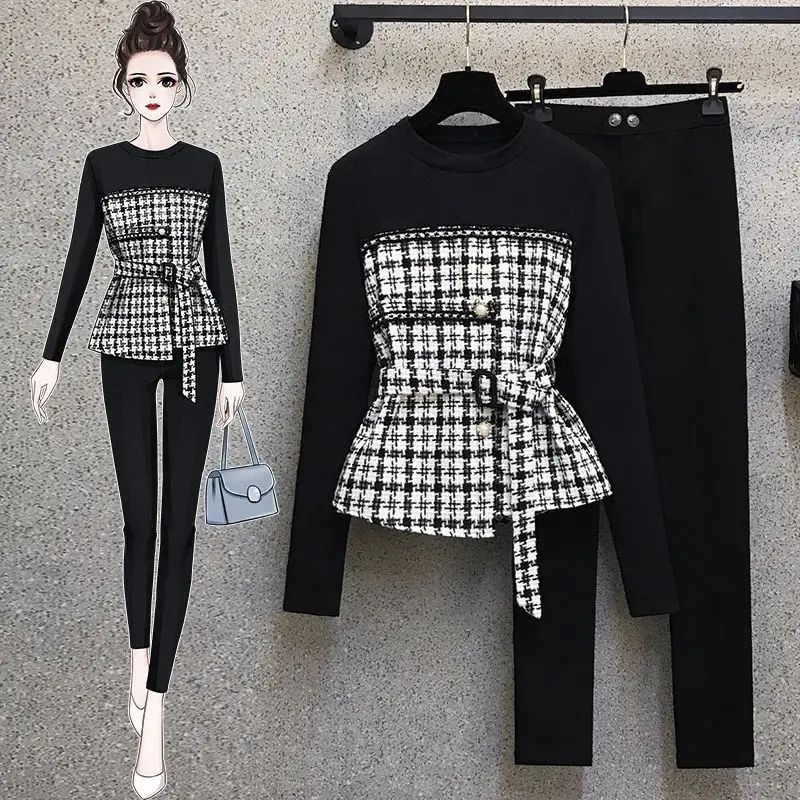 Plaid Patchwork Belt Decoration Long-sleeved T-shirt Casual Pencil Pants Two-piece Elegant Women\'s Pants Suit Street Outfits