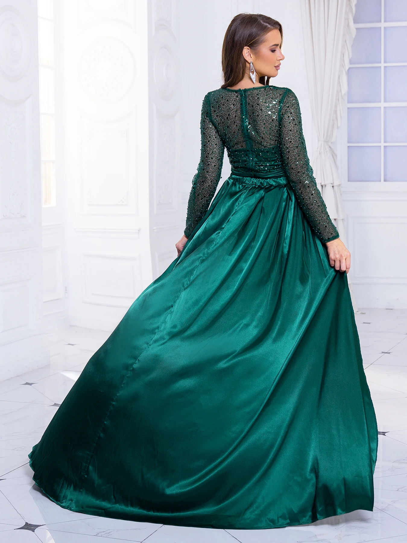 Long Sleeve Sequin Floor Length Party Dress Padded O Neck Long Evening Night Gown with Detachable Satin Skirt Green Gold