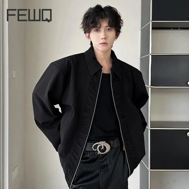 

FEWQ Trendy Shoulder Padded Men's Jacket Pleated Patchwork Lapel 2024 Darkwear Solid Color Long Sleeve Male Tops 24E2095