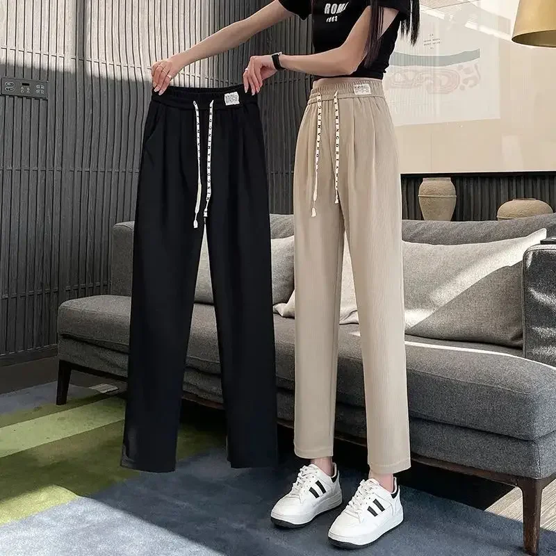 

Summer Womens Clothing Ice Silk Straight Tube Trousers 2023 New Korean Fashion Loose High Waist Slim Casual Harun Pants