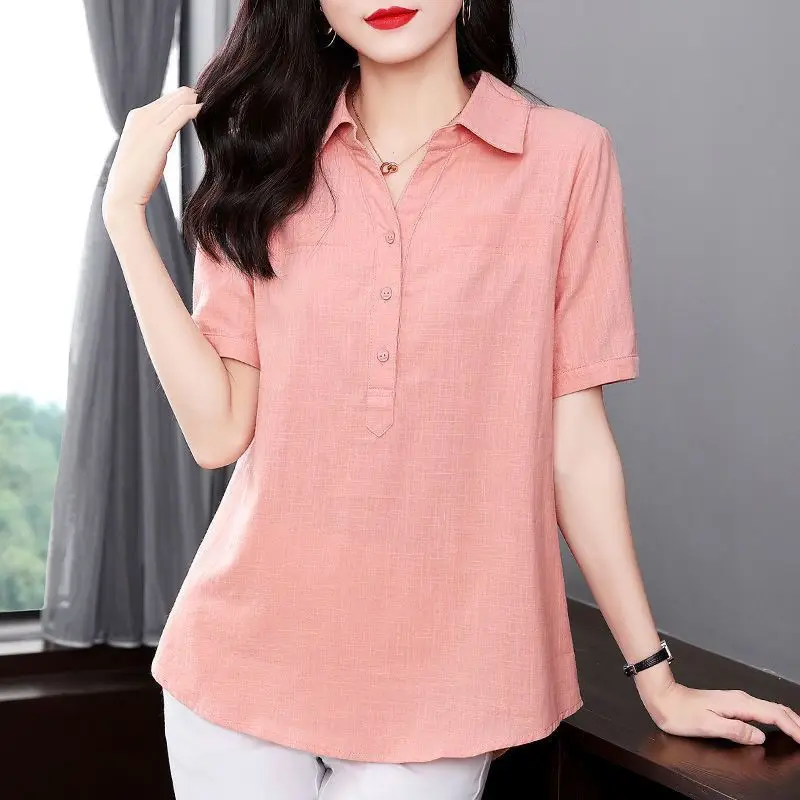 Women Summer Simplicity office Lady Loose Turn-down Collar Solid color short sleeve Shirts women clothes Fashion All-match tops