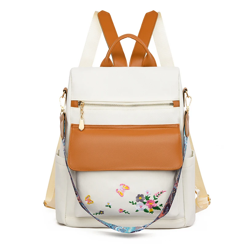 New Chinese Style Embroidered Design Backpack With Anti Theft Large Capacity Women's Backpacks Oxford Cloth PU Patchwork Bookbag