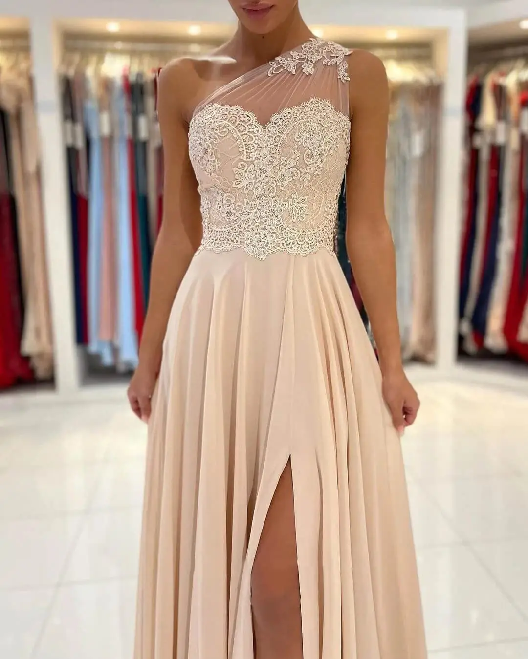 Women\'s One Shoulder Bridesmaid Dresses for Wedding Long Lace A-Line Silt Formal Evening Gown with Pockets Appliqu2024 plus size