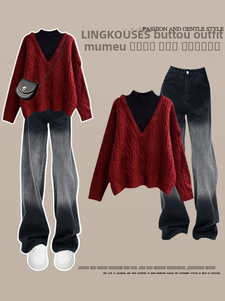 

Женский модный джинсовый комплект больших размеров, утягивающий красный свитер, брюки длиной до пола, комплект из двух предметов, весенне-осенняя одежда