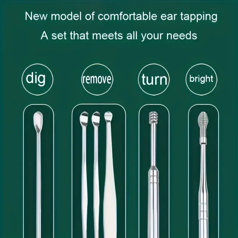 ชุดอุปกรณ์กำจัดขี้หูสแตนเลส 6 ชิ้น แบบเกลียวหมุน ช้อนแคะหู สำหรับทำความสะอาดและเก็บขี้หู