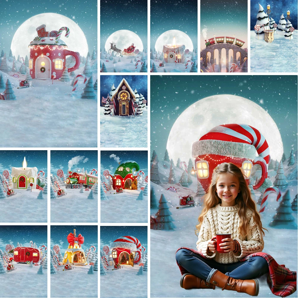 

MOON.QG Winter Christmas Photo Background Snow Carpet House Full Moon Photography Backdrop Photobooth Decoration Baby Shower