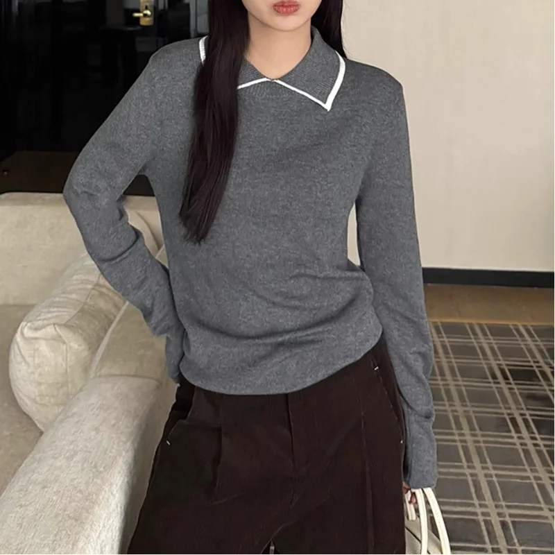 Estilo coreano bloco de cor gola polo camisola de malha das mulheres outono inverno novo estilo camisola fino ajuste design sentido camada base topo
