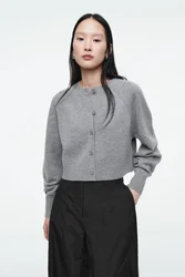 Ethereal MD 2026 YAZHIMEI spring new style of Women's casual standard short round neck cardigan gray long sleeves