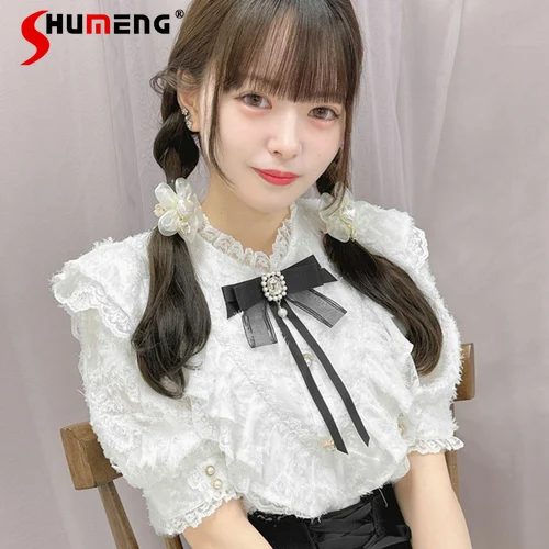 

Japanese Style Rojita Lolita Shirt Girl 2023 New Summer New Short Sleeve Top Feather Bow Fashion Elegant V-neck Blouse Female