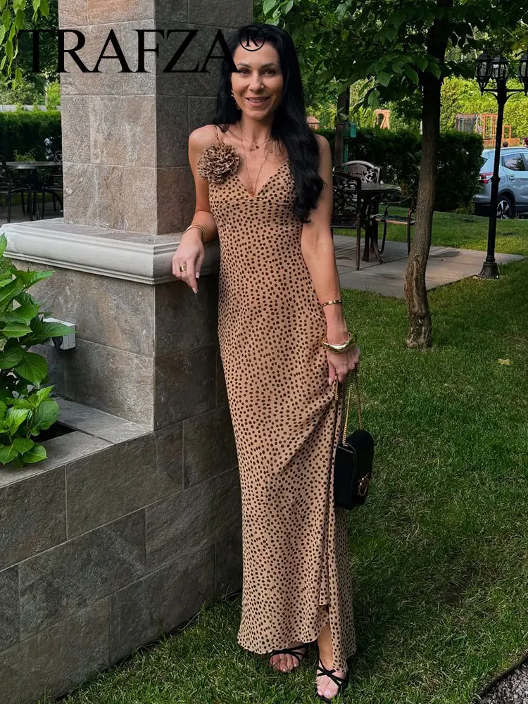 

TRAFZA Summer Polka Dot Midi Dress For Women Partywear Sleeveless 3D Flower Fishtail Hem Sexy V-neck Zipper Retro Sling Dresses