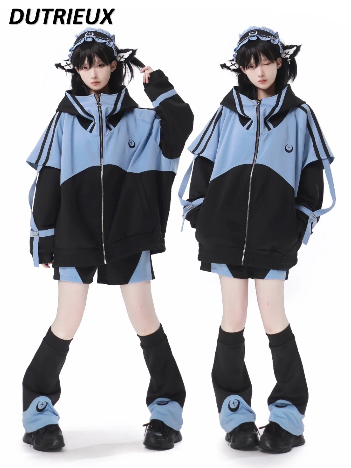 Japanese Blue Black Model Mine Mass-Produced Sports Jacket Long-Sleeved Loose Hooded Color Matching Sweatshirt and Pants