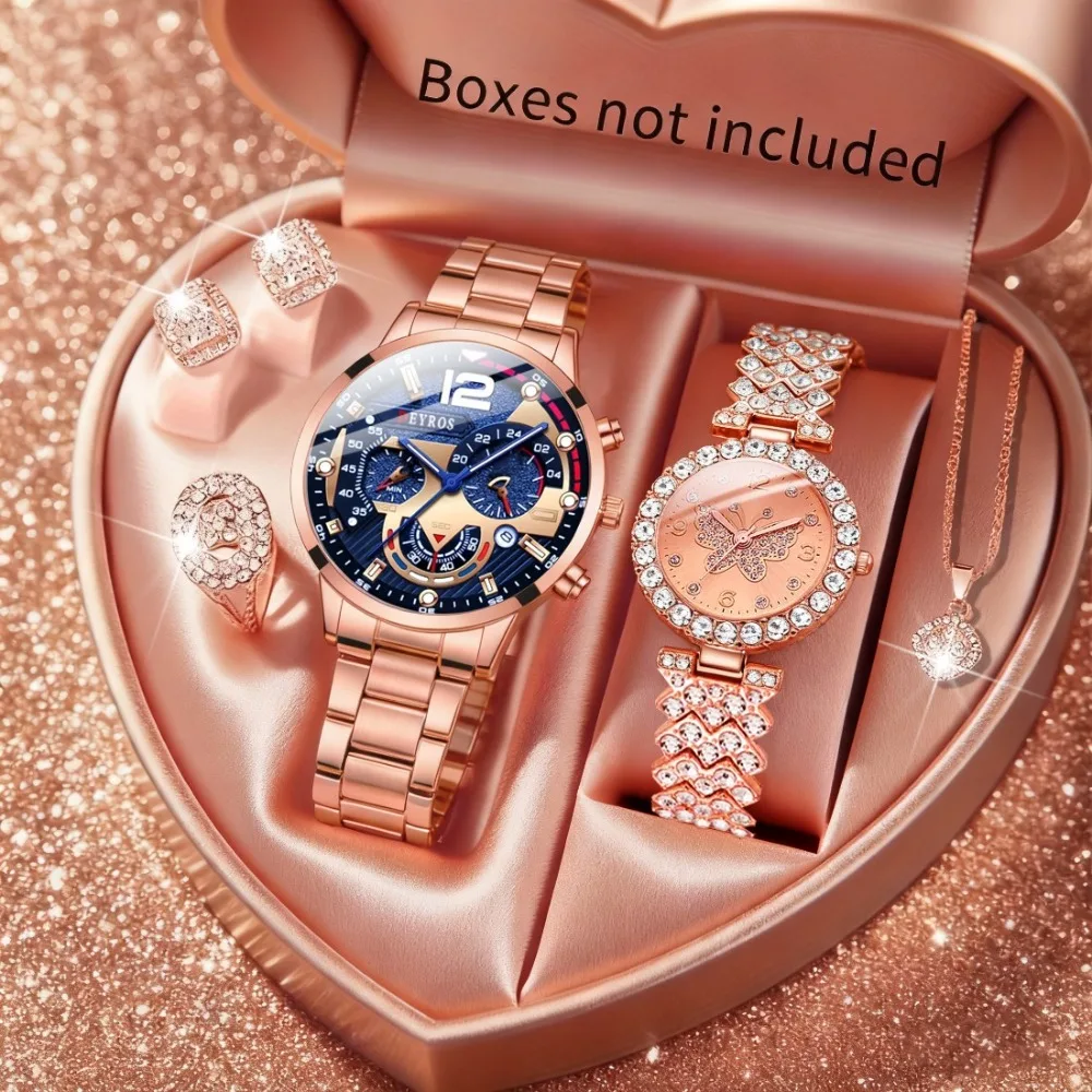 Fashion Couple Watches 6pcs Set, Luxury Women's Quartz Watch & Jewelry Set Ladies Necklaces, Rings, Earrings, Elegant Watches view 3