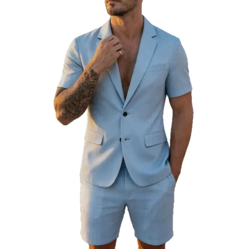 KIDWHXR Summer 2-piece Outfit Man Thin Single-breasted Long Sleeve Blazer Male Elastic Waist Shorts Men Slim Casual Suit Set