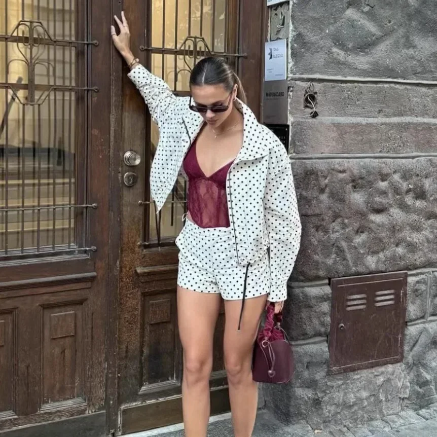 

Women Fashion Polka Dot Printed Jacket Woman Autumn Long Sleeves Turtleneck Zipper With Pockets Drawstring Casual Coats