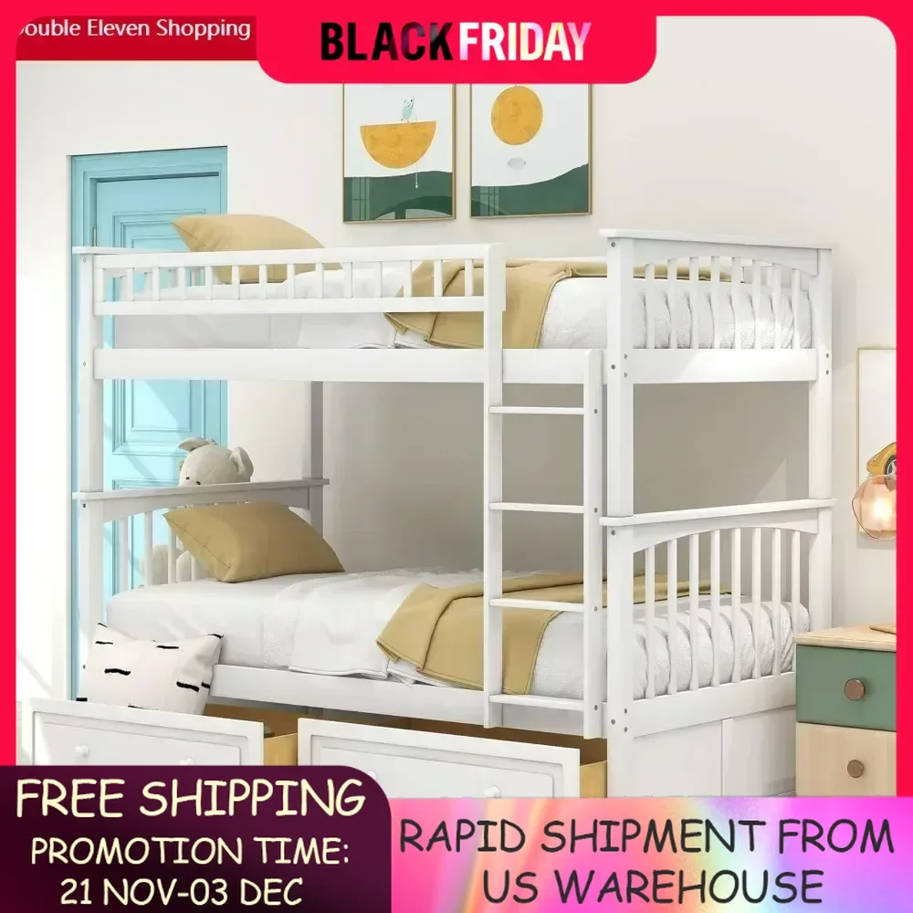 Convertible Wood Twin Bunk Bed- Can Be Divided Into Two Daybeds Bed Frame,Twin Bunk Bed with Storage Drawers and Ladder