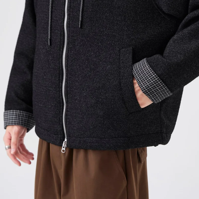 الرجال الشارع الشهير خمر فضفاض السببية الدافئة الصوف مقنعين سترات Cityboy ملابس خارجية الشتاء القطن مبطن مبطن معطف رشاقته #4