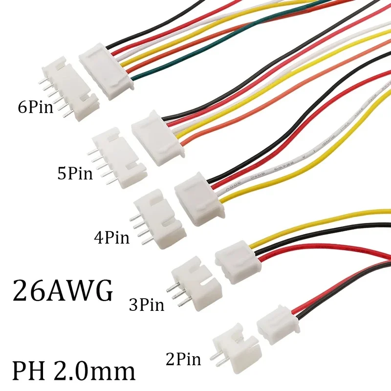 10Set Mini JST PH2.0 Male Female Connector 2/3/4/5/6 Pin PH 2.0mm Plug Socket Terminals Cable Connector 26AWG Wire 20CM 2.0mm