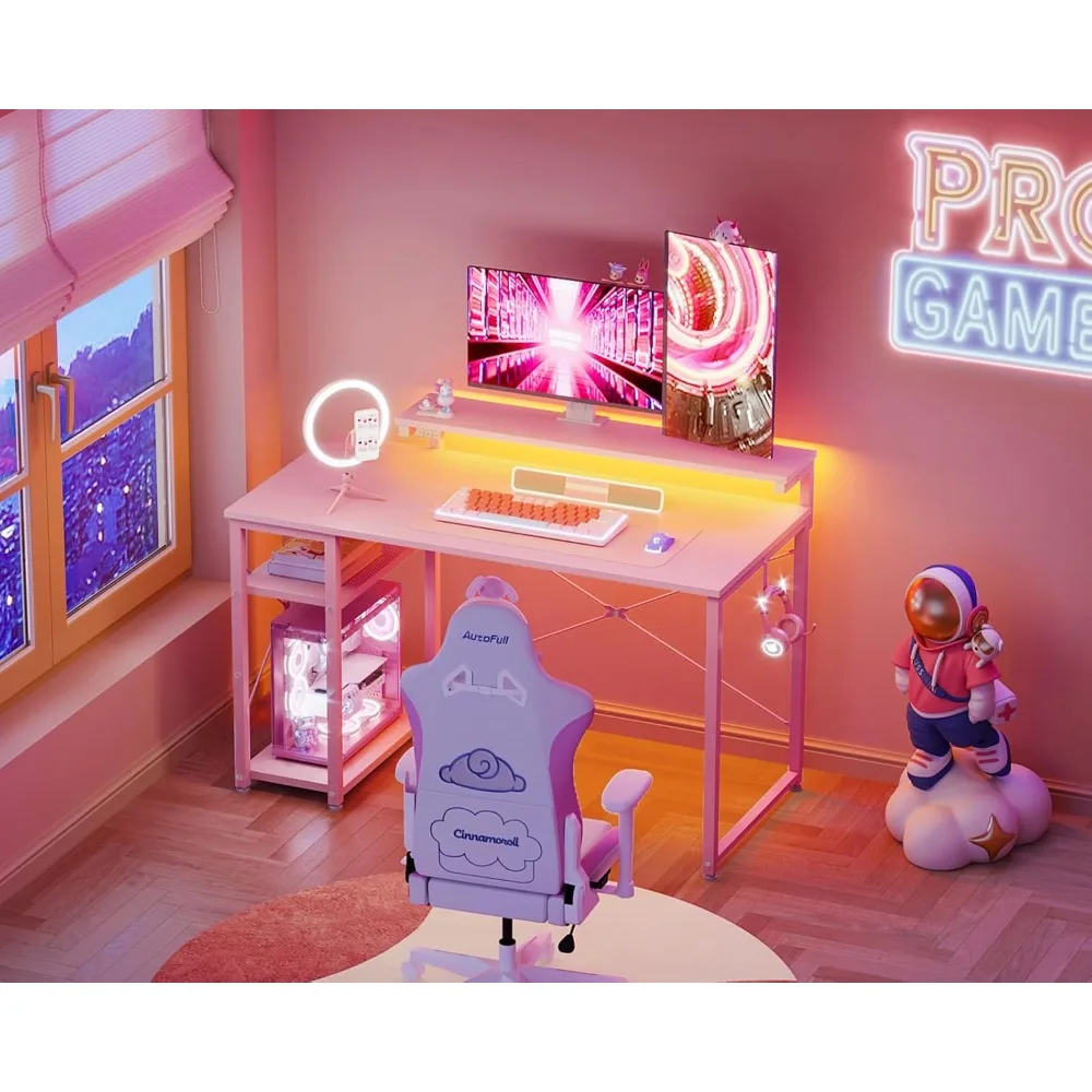 Mesa de jogos pequena de 40 polegadas com armazenamento e luzes LED, mesa de computador com prateleira, mesa de jogador reversível com ajustável