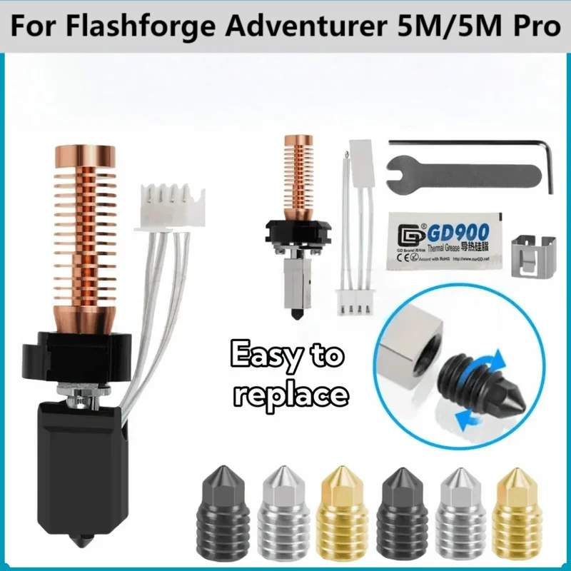 Upgrade Hotend for Flashforge Adventurer 5M/5M Pro Pinting Head 280 ℃ Ceramic Heating Block Kit AD5M Hard Steel Nozzle 3D Priter