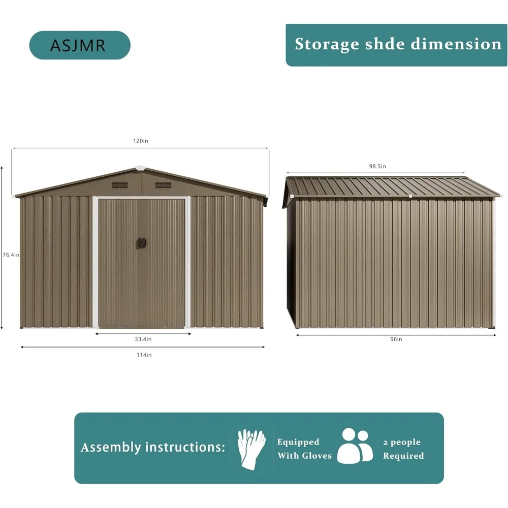 10FT x 8FT Outdoor Storage shed, Waterproof Lockable Door Metal Tool shed with Sliding Door and Ventilation