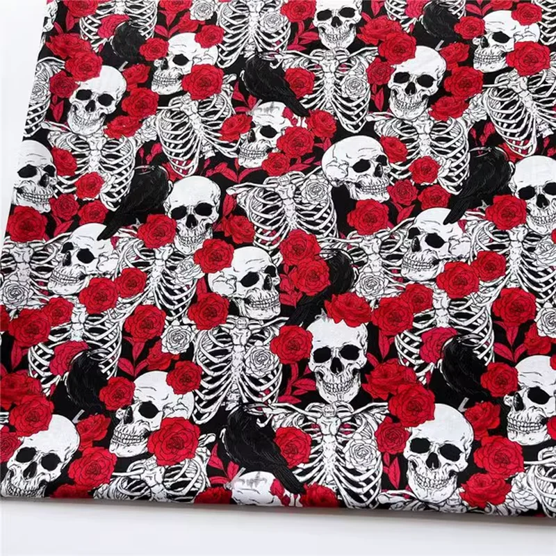 

110cm*50cm 100% Cotton Red Rose Skull Skeleton Printed Fabric Suitable For DIY Sewing Dress Shirt Kerchief Pillow Decoration