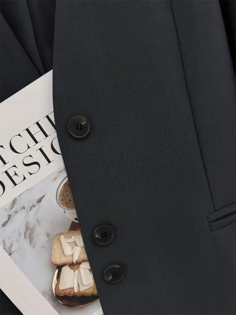 Spring Autumn Women's Collarless Suit Jacket Dark Gray Slimming Office Blazer Simple Elegant Formal Wear G557