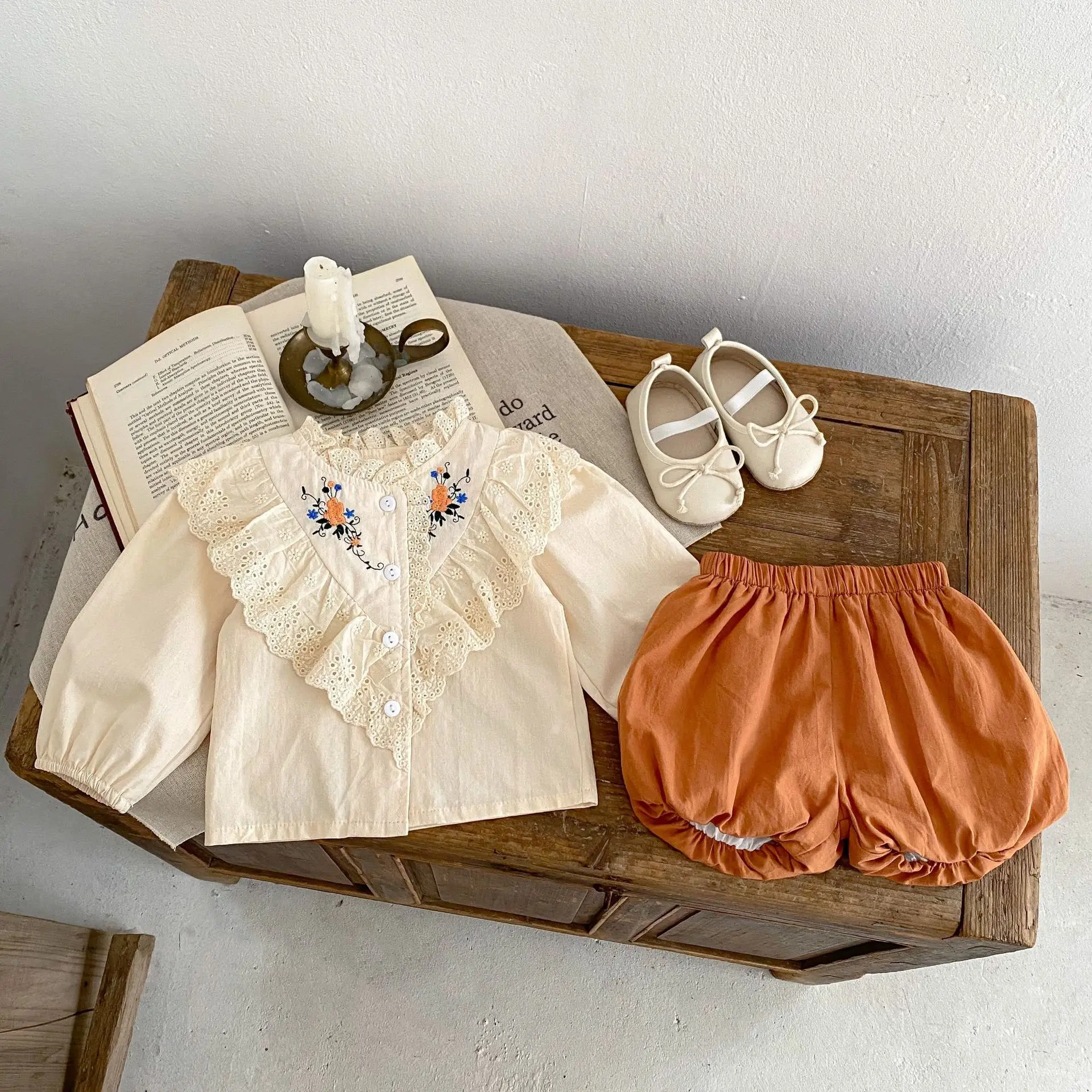 2024 Spring new in kids baby girls clothes children embroidery flower ruffles top shirts+Flower bud shorts infant set 2pcs 0-3Y