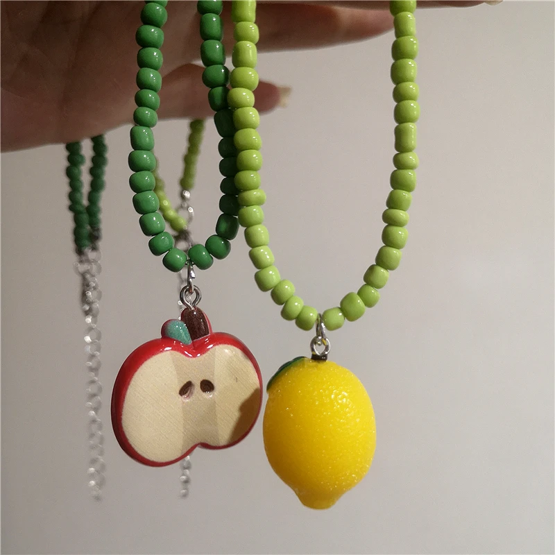 Trend Y2K Cute Harajuku Resin Colored Lemon Fruits Pendant Bead Necklace For Women Aesthetic Vacation Scene Accessories Jewelry