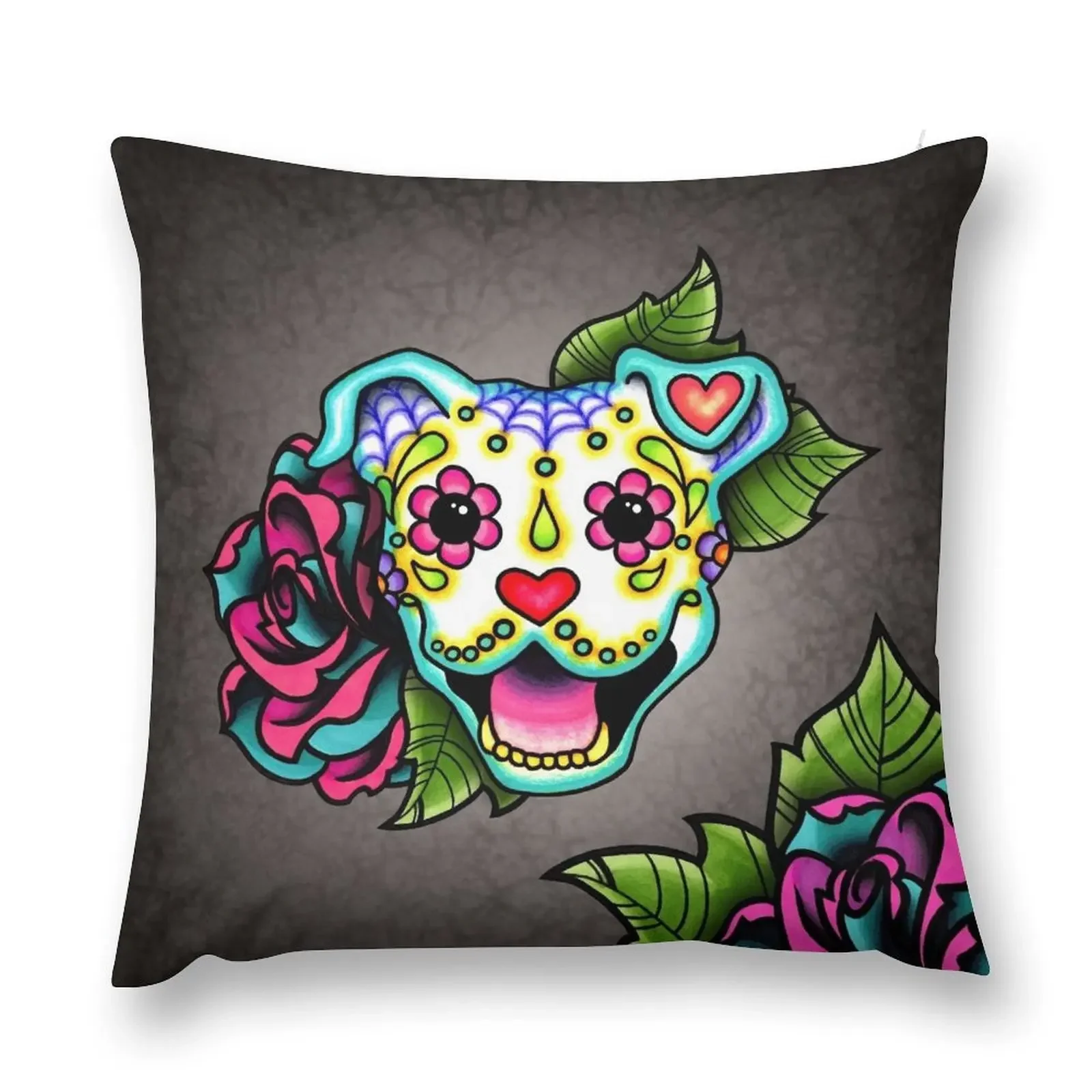 

Smiling Pit Bull in White - Day of the Dead Pitbull - Sugar Skull Dog Throw Pillow christmas cushions covers pillow