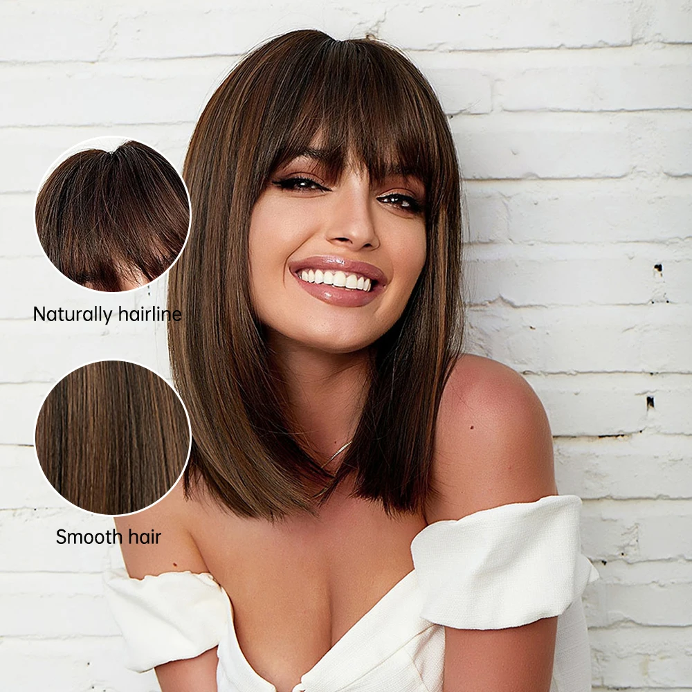 Brown Synthetic Wigs Medium Length Straight Wig with Bangs Hair for Black Women Daily Cosplay Use Heat Resistant