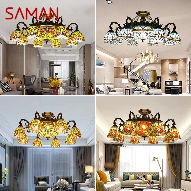 

SAMAN Tiffany European Living Room PendantLamp Vintage Creative Color Glass restaurant Bedroom Hotel Villa Chandelier