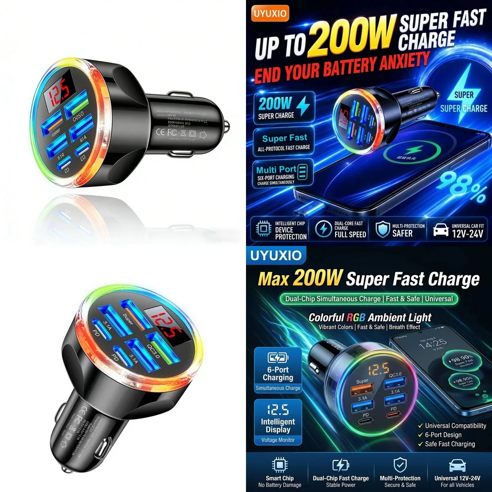 Fast Charging 6 in 1 Car Adapter Trending for iPhone 18 17 16 Samsung S26 S25 S24 with Digital Voltage Display RGB Ambient Light