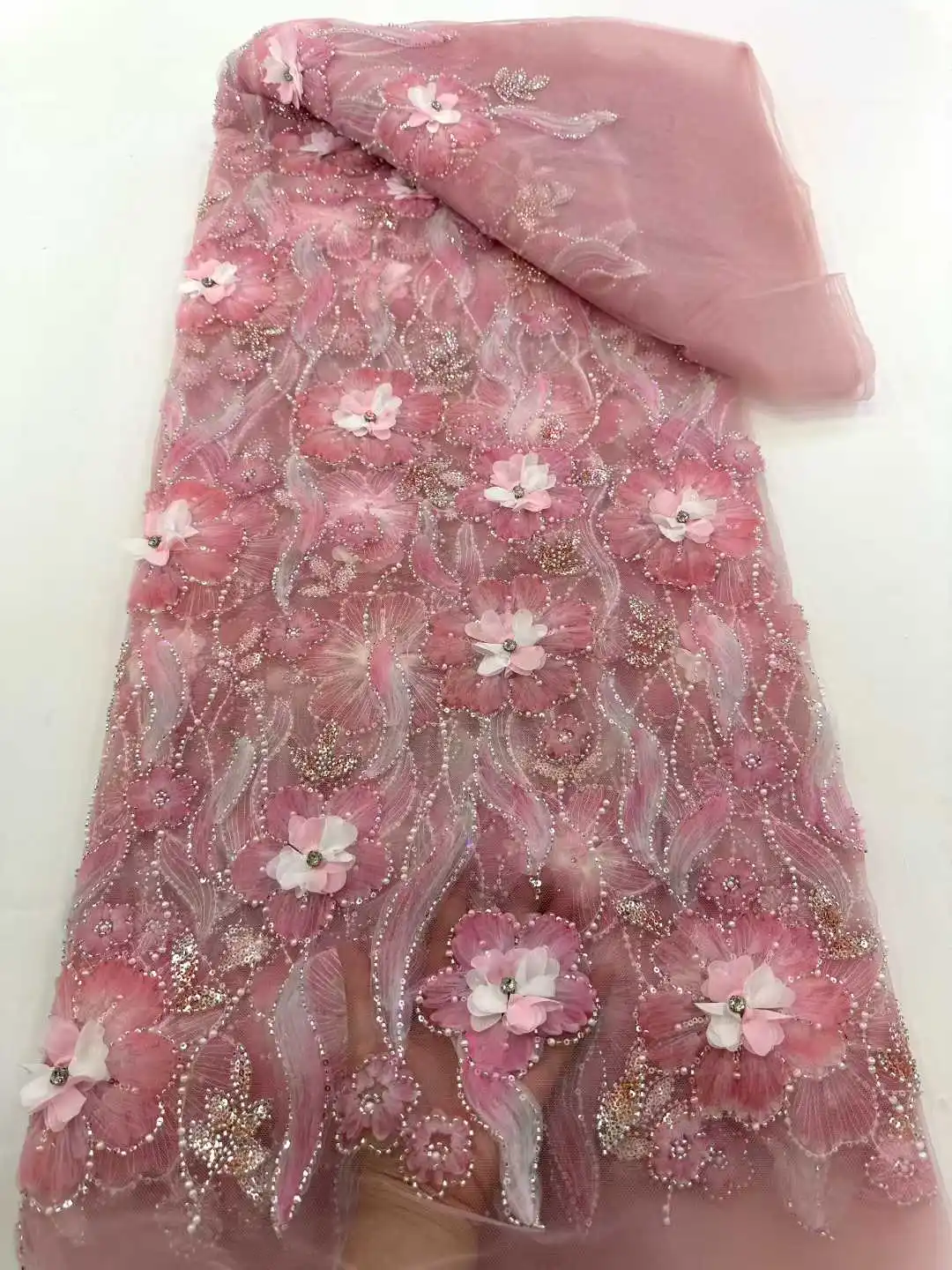 

2026 Latest 3D Flower Embroidery Beaded Sequins African Lace Fabric High Quality Nigerian French Ladies Wedding Material