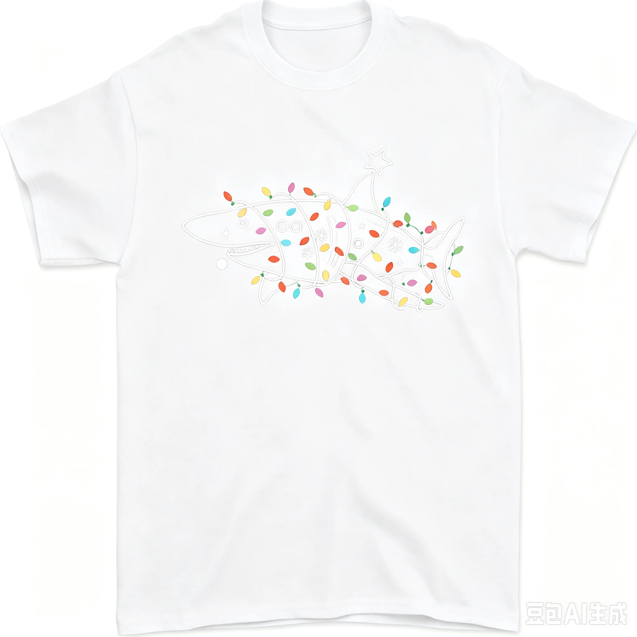 Line Art Shark Christmas String Lights Graphic T-shirt Unisex Xmas Crew Neck Tee